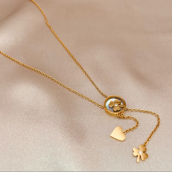 18K Gold Lucky Leave Charm Tassels Dainty Necklace - Picture 4 of 8